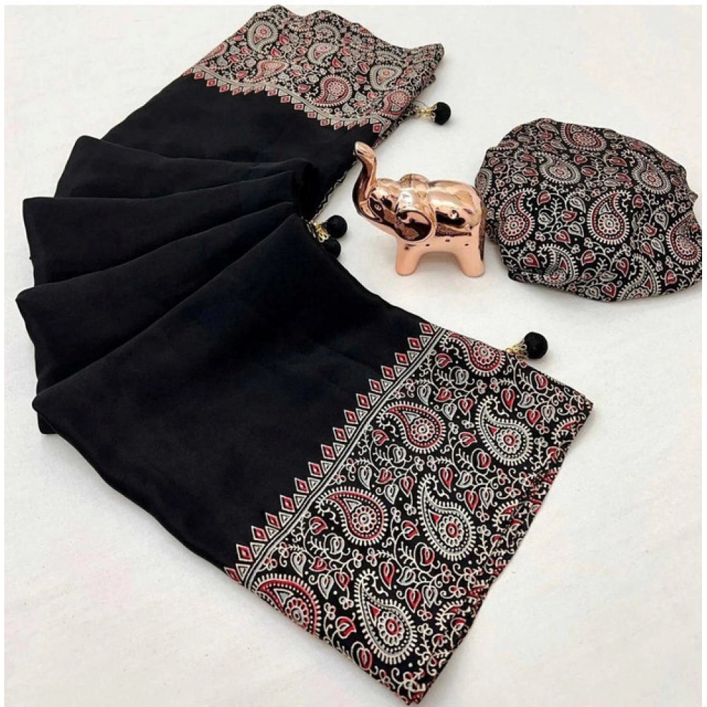 Generic Women's Gajji Soft Silk Printed Saree With Unstitched Blouse 5.5Mtr (Black)