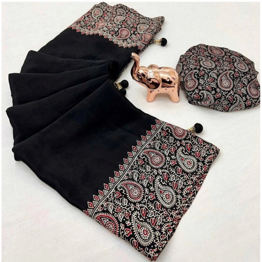 Generic Women's Gajji Soft Silk Printed Saree With Unstitched Blouse 5.5Mtr (Black)