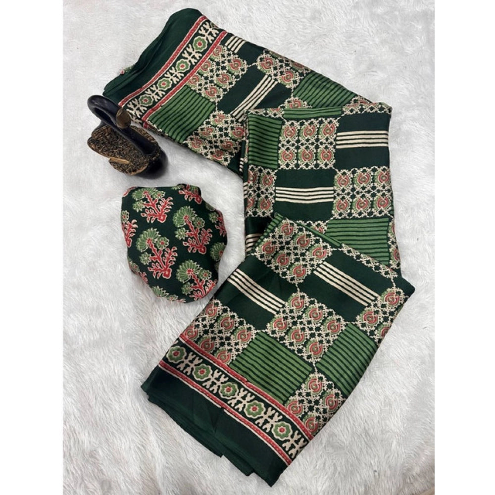 Generic Women's Gajji Soft Silk Printed Saree With Unstitched Blouse 5.5Mtr (Green)