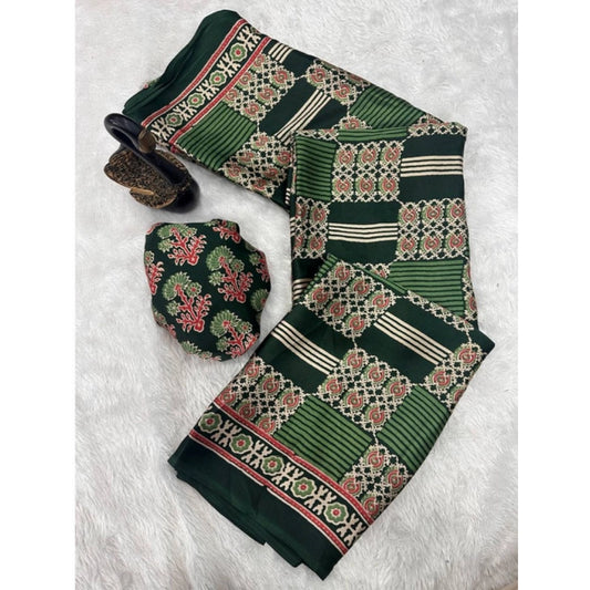 Generic Women's Gajji Soft Silk Printed Saree With Unstitched Blouse 5.5Mtr (Green)
