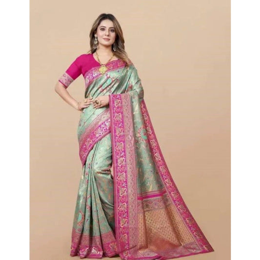 Generic Women's Soft Litchi Silk Jacquard Work Saree With Unstitched Blouse 5.5Mtr (Multicolor)