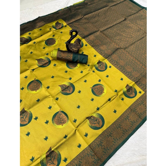 Generic Women's Banarasi Silk Jacquard Work Saree With Unstitched Blouse 5.5Mtr (Yellow)