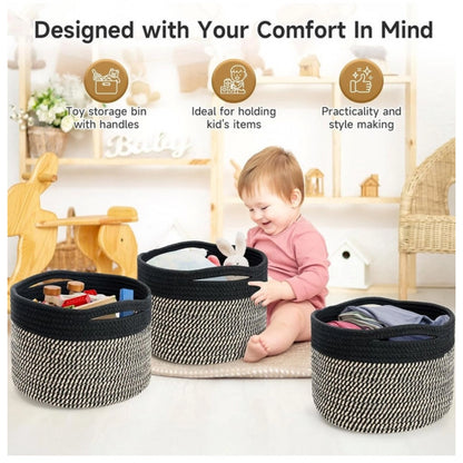 Generic Cotton 9x7 Inch Pack of 3 Storage Basket For Clothes (Black-Beige)