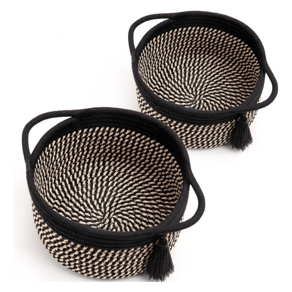 Generic Cotton 8x4 Inch Round 2 Set With Jhalar Bedside Organizer (Black Beige)