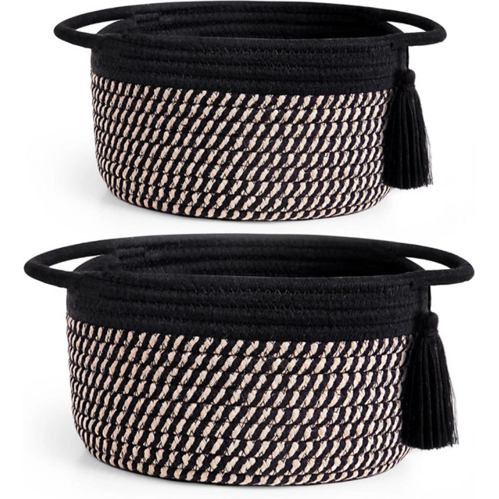 Generic Cotton 8x4 Inch Round 2 Set With Jhalar Bedside Organizer (Black Beige)