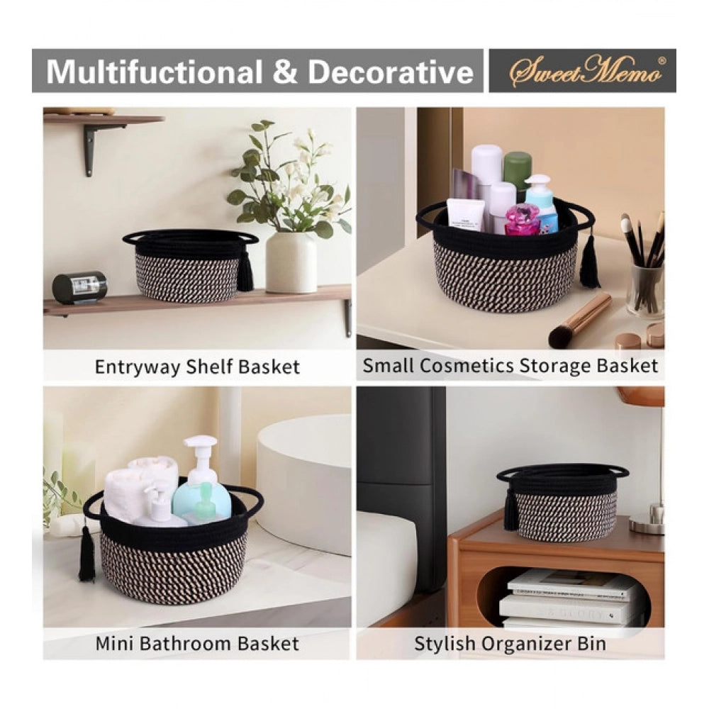 Generic Cotton 8x4 Inch Round 2 Set With Jhalar Bedside Organizer (Black Beige)