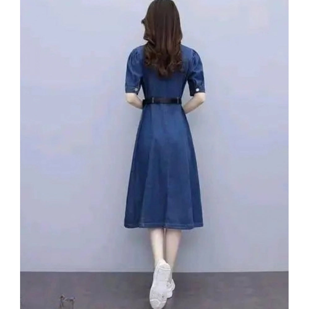 Generic Women's Casual Denim Half Sleeves Dress (Blue)