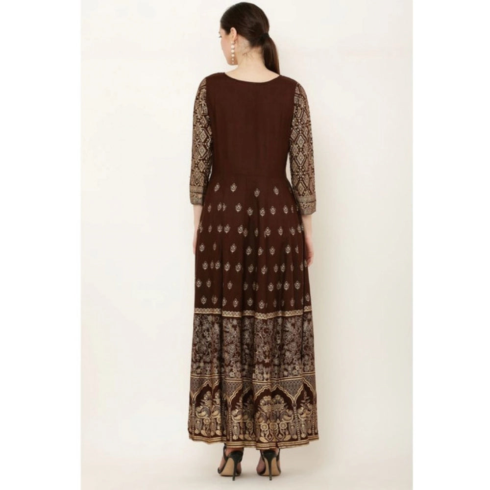 Generic Women's Casual Rayon 3-4th Sleeves Anarkali Kurti (Brown)