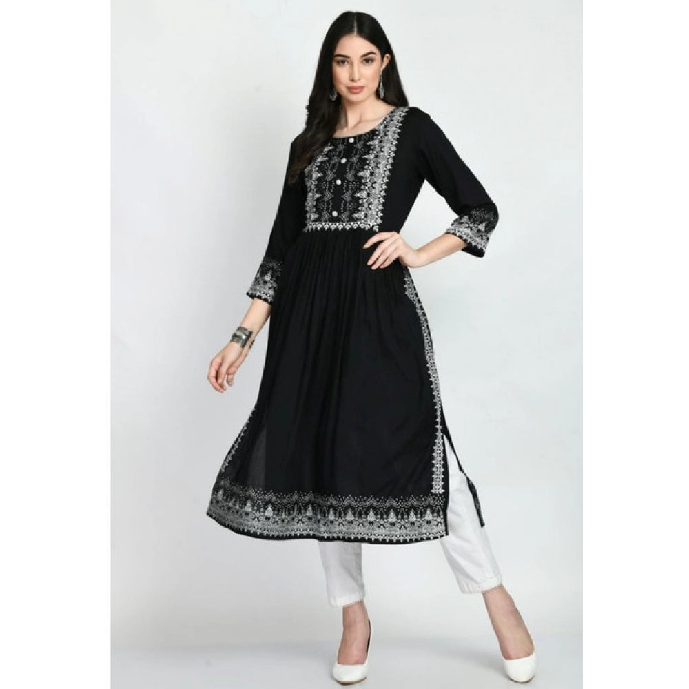 Generic Women's Casual Rayon 3-4th Sleeves Kurti (Black)