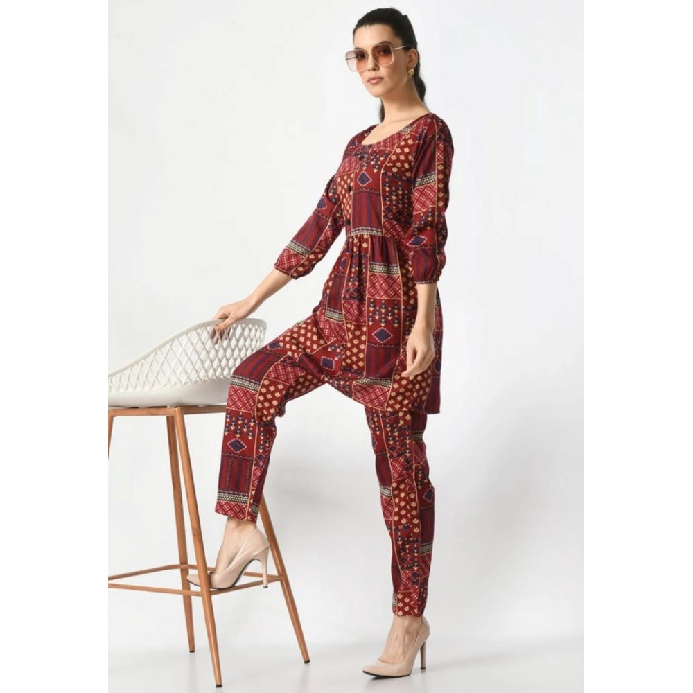Generic Women's Casual Crepe 3-4th Sleeves Cord Set (Maroon)