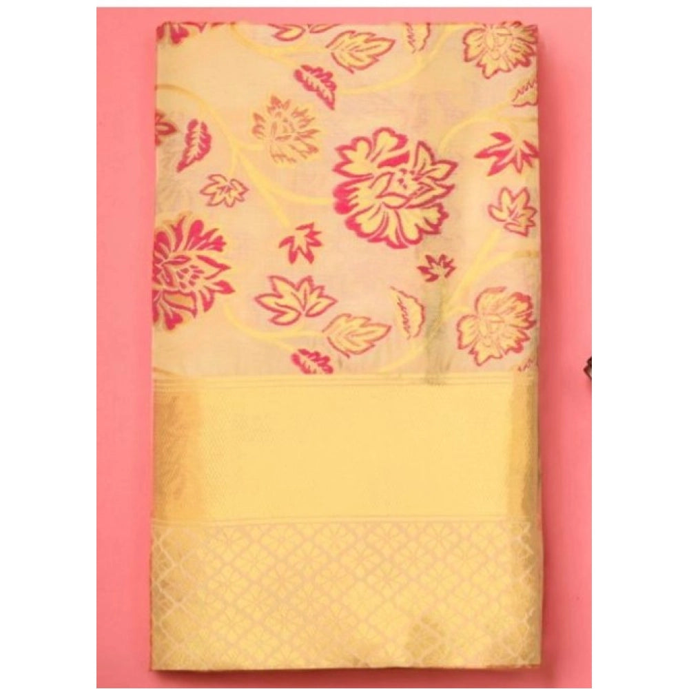Generic Women's Soft Lichi Silk Printed Saree With Unstitched Blouse 5.5Mtr (Gold)