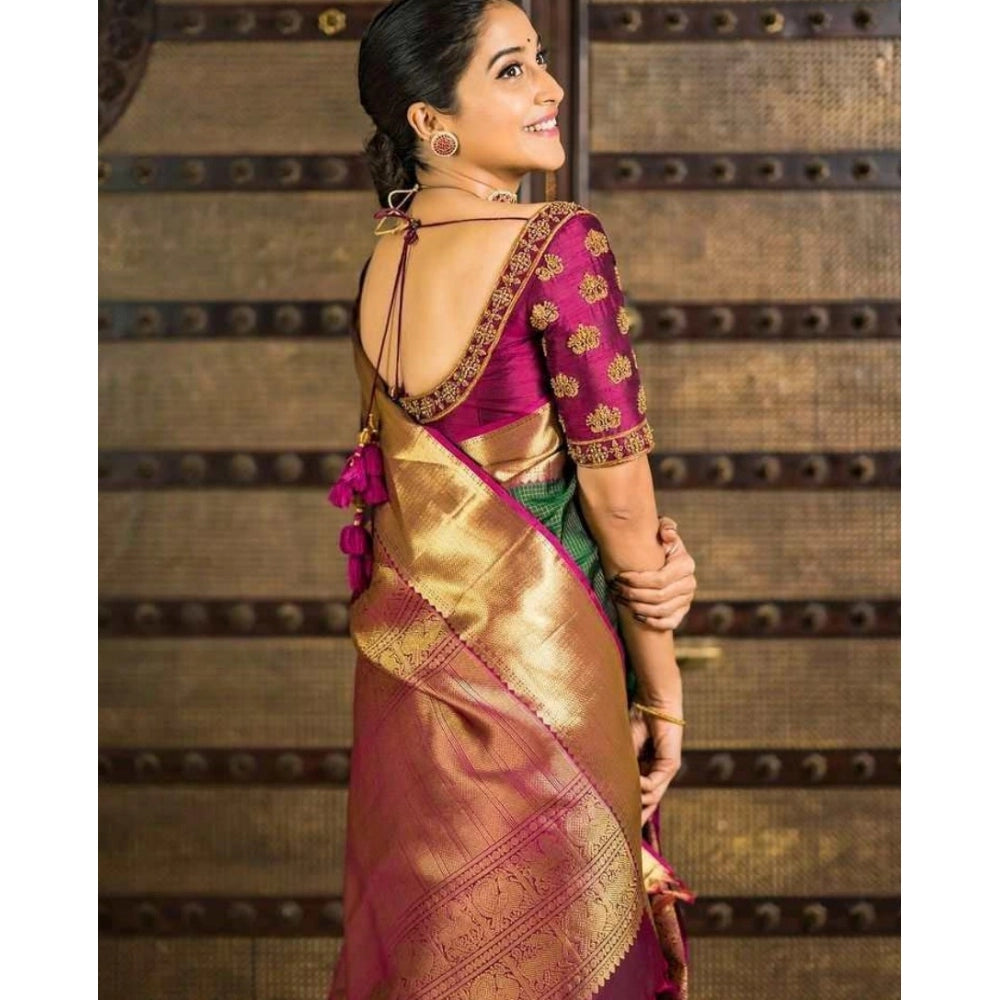 Generic Women's Soft Lichi Silk Printed Saree With Unstitched Blouse 5.5Mtr (Green)