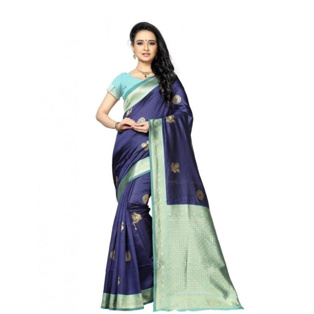 Generic Women's Soft Lichi Silk Printed Saree With Unstitched Blouse 5.5Mtr (Navy Blue)
