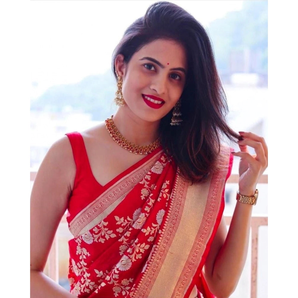 Generic Women's Soft Lichi Silk Printed Saree With Unstitched Blouse 5.5Mtr (Red)