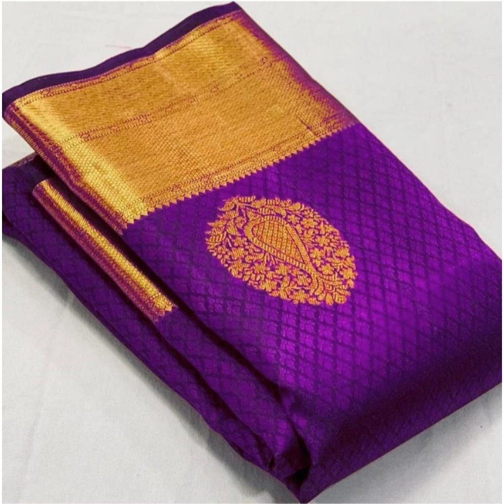 Generic Women's Soft Lichi Silk Printed Saree With Unstitched Blouse 5.5Mtr (Purple)