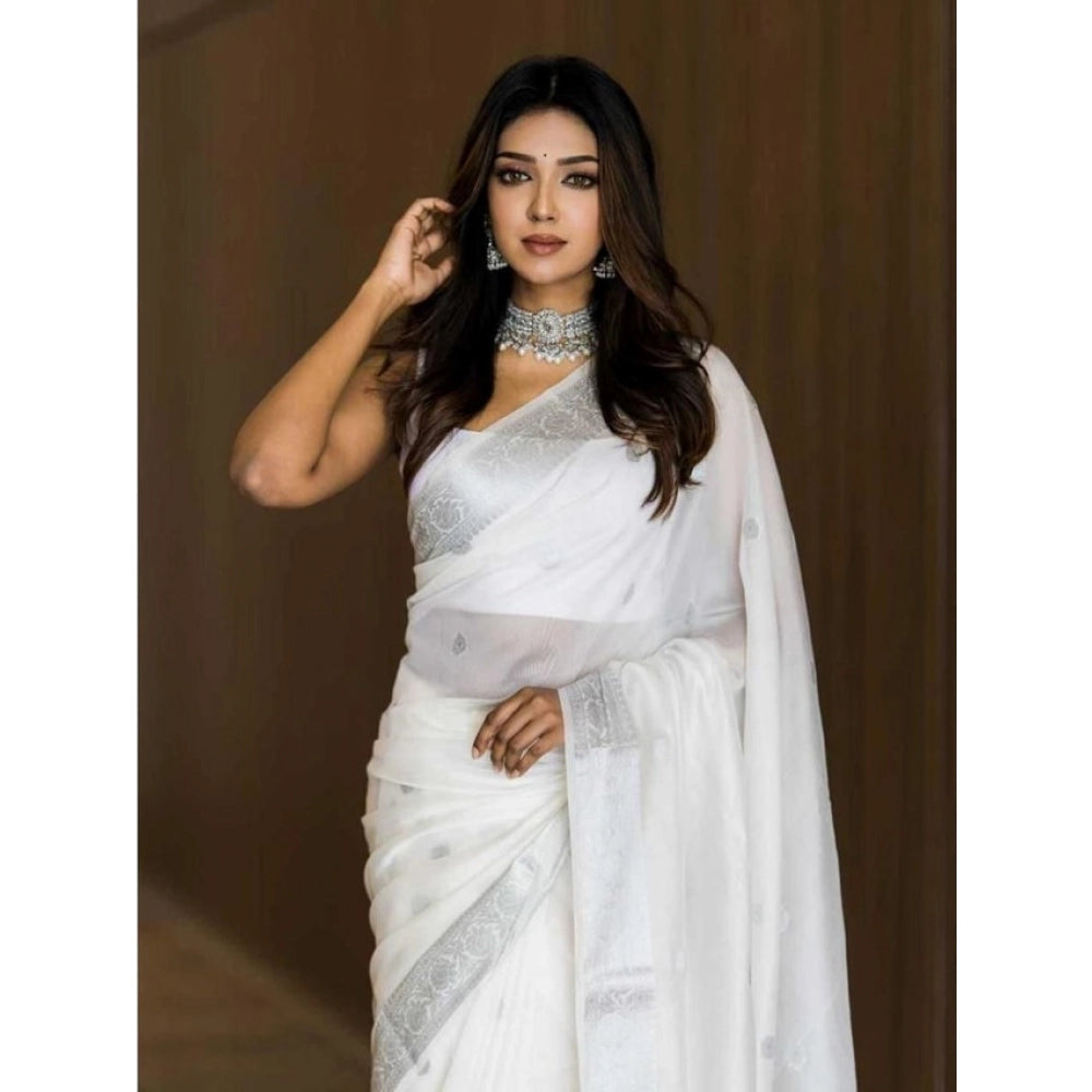 Generic Women's Soft Lichi Silk Printed Saree With Unstitched Blouse 5.5Mtr (White)