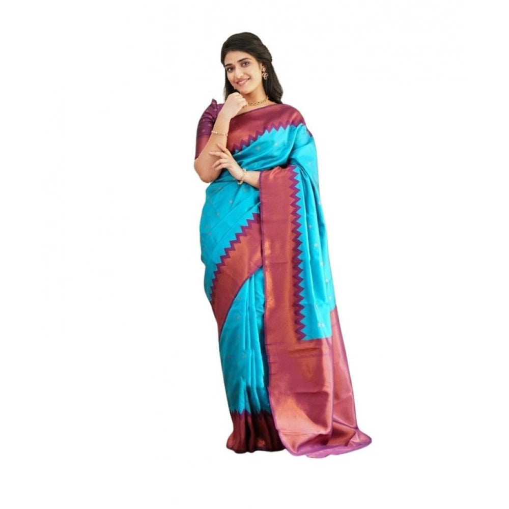Generic Women's Soft Lichi Silk Printed Saree With Unstitched Blouse 5.5Mtr (Sky-Blue)