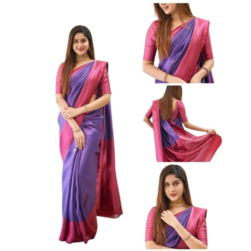 Generic Women's Soft Lichi Silk Printed Saree With Unstitched Blouse 5.5Mtr (Purple)