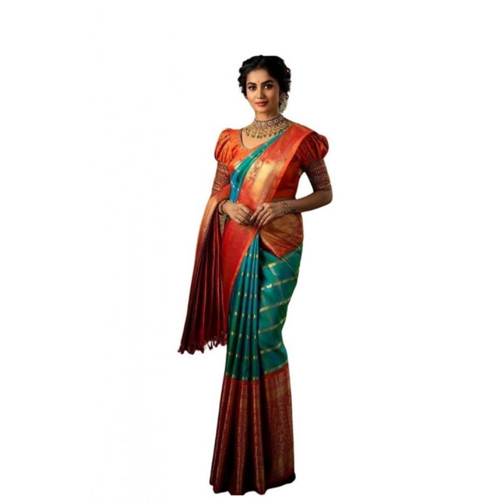 Generic Women's Soft Lichi Silk Printed Saree With Unstitched Blouse 5.5Mtr (Green)