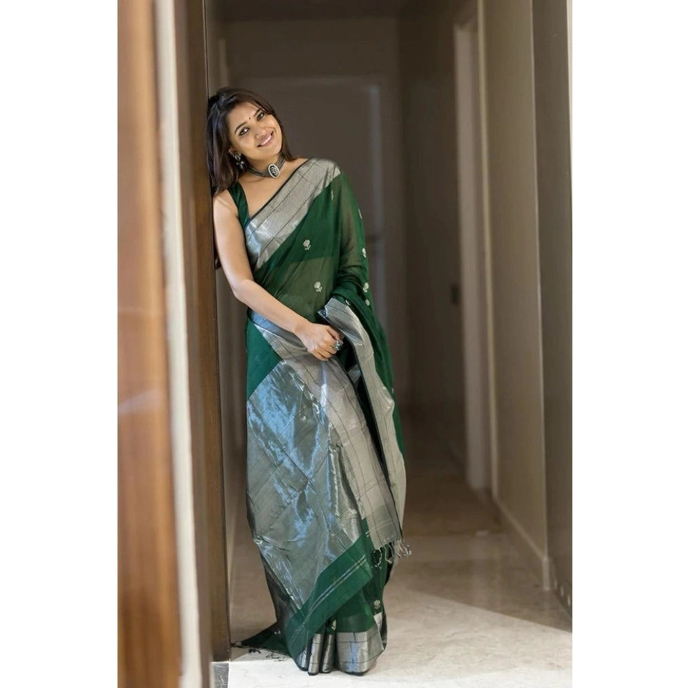 Generic Women's Soft Lichi Silk Printed Saree With Unstitched Blouse 5.5Mtr (Green)