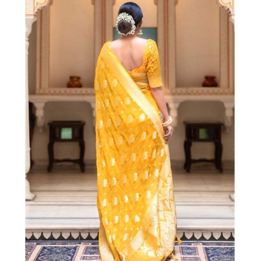 Generic Women's Soft Lichi Silk Printed Saree With Unstitched Blouse 5.5Mtr (Yellow)
