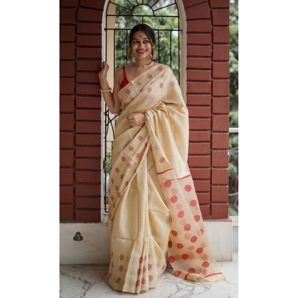 Generic Women's Soft Lilan Printed Saree With Unstitched Blouse 5.5Mtr (Cream)