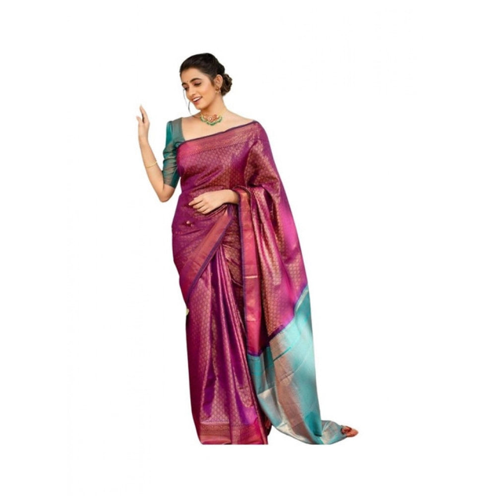 Generic Women's Soft Lichi Silk Printed Saree With Unstitched Blouse 5.5Mtr (Purple)