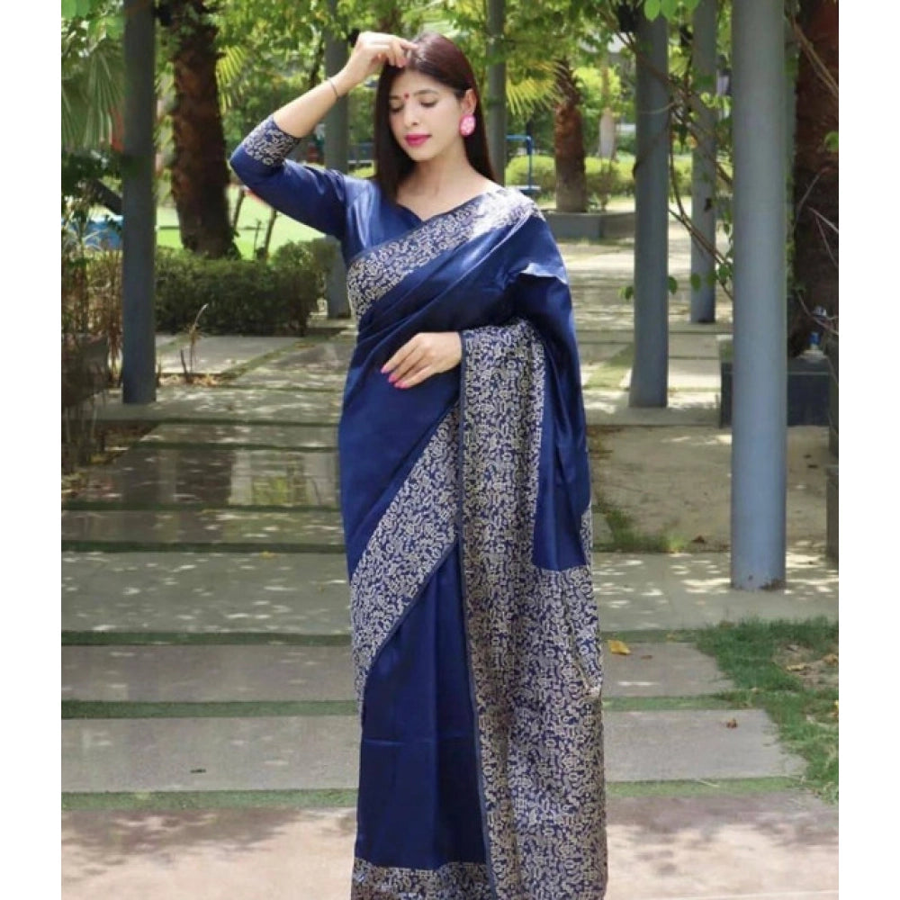 Generic Women's Soft Lichi Silk Printed Saree With Unstitched Blouse 5.5Mtr (Blue)