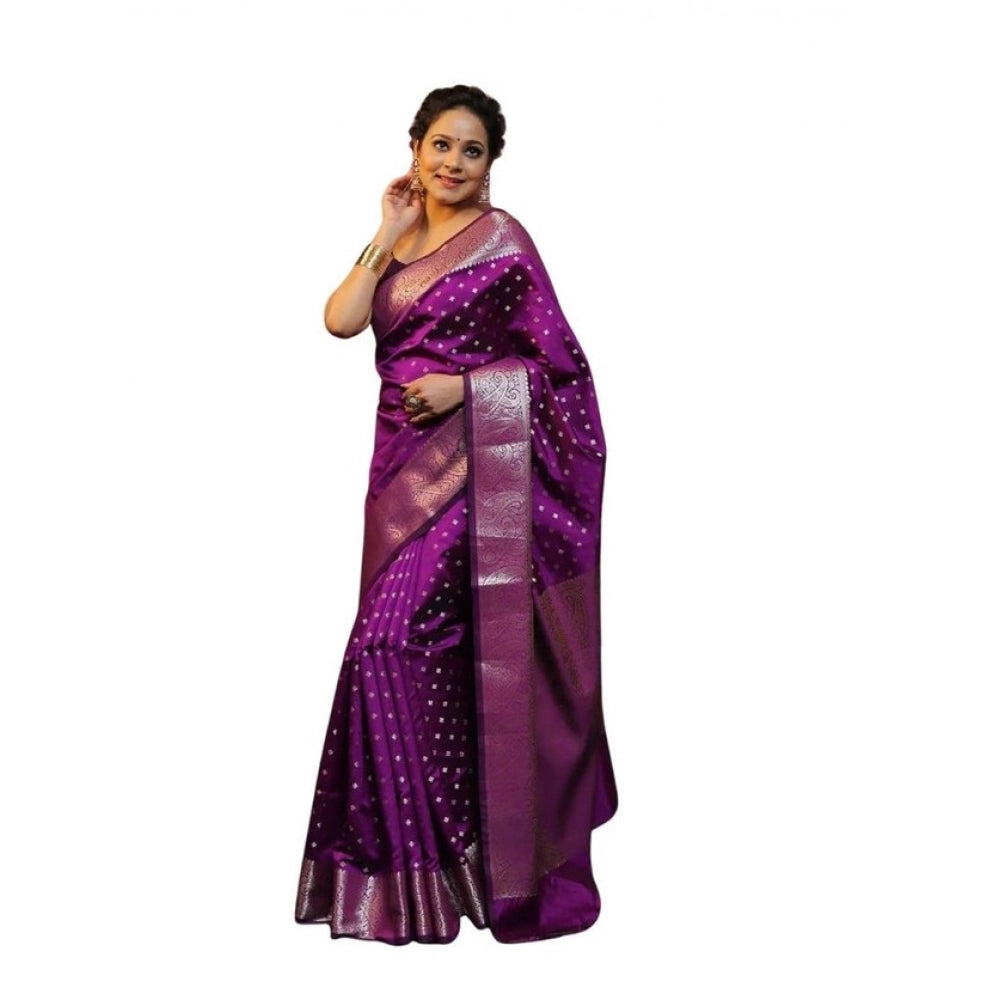 Generic Women's Soft Lichi Silk Printed Saree With Unstitched Blouse 5.5Mtr (Purple)