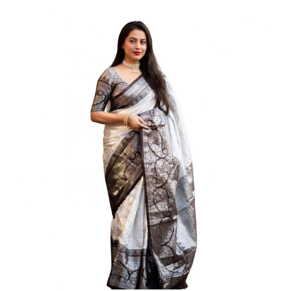 Generic Women's Soft Lichi Silk Printed Saree With Unstitched Blouse 5.5Mtr (Off-White)