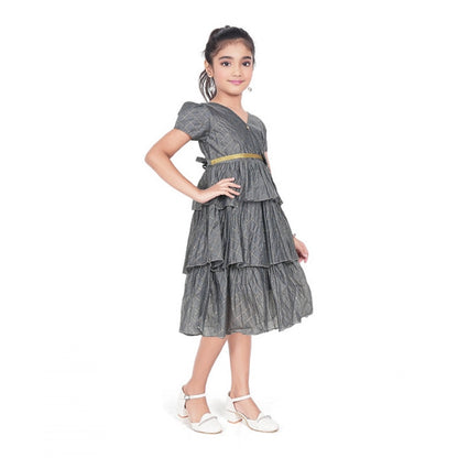 Generic Girl's Artificial Silk Striped Short Sleeve V Neck Dress (Grey)