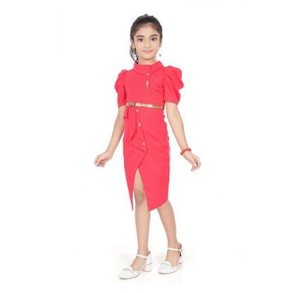 Generic Girl's Cotton Lycra Soild Short Sleeve Close Neck Dress (Pink)
