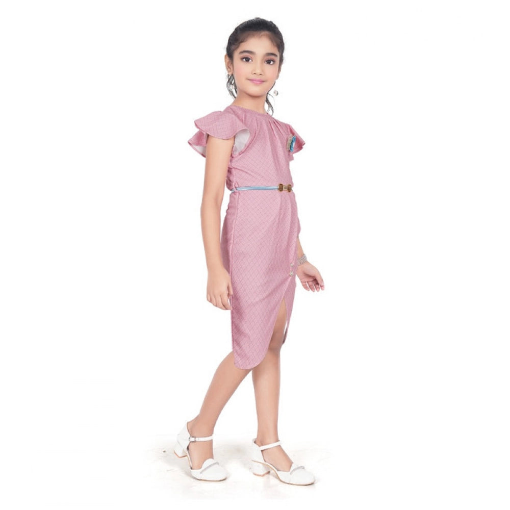 Generic Girl's Knitted Striped Short Sleeve Close Neck Dress (Pink)