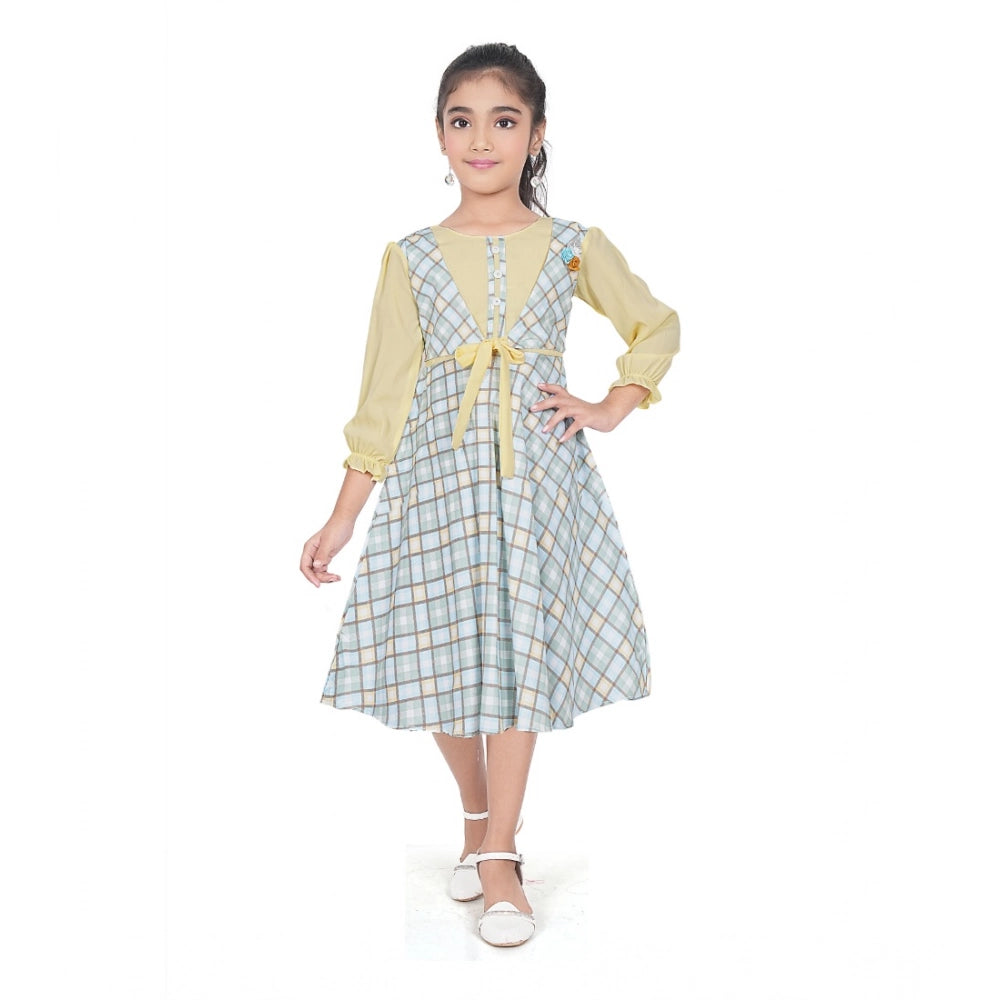 Generic Girl's Digital Twill Striped 3/4 th Sleeve Round Neck Dress (Light Green)