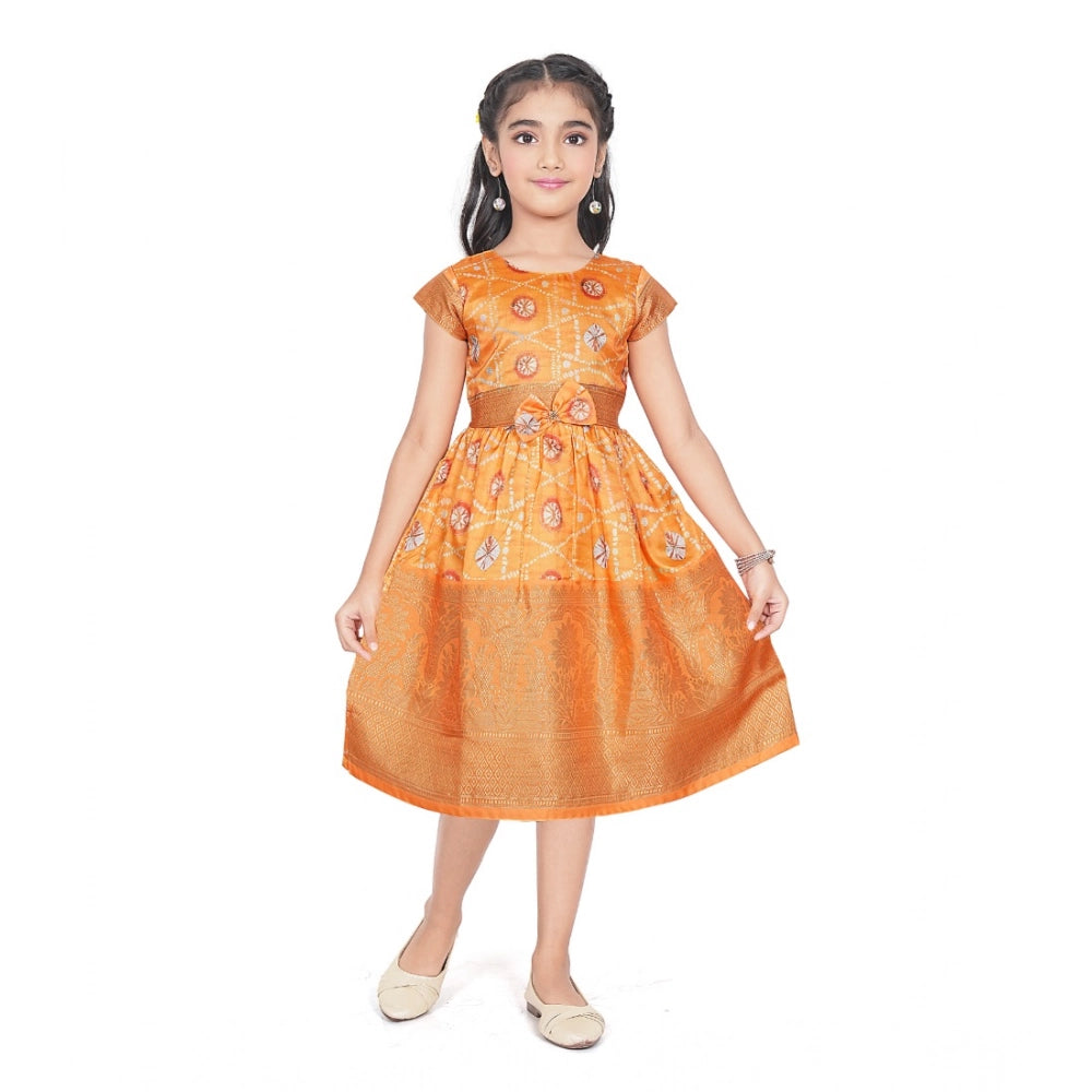 Generic Girl's Brocket Silk Printed Short Sleeve Round Neck Dress (Orange)