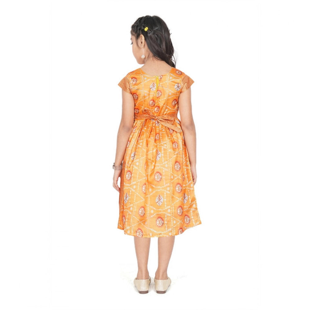 Generic Girl's Brocket Silk Printed Short Sleeve Round Neck Dress (Orange)