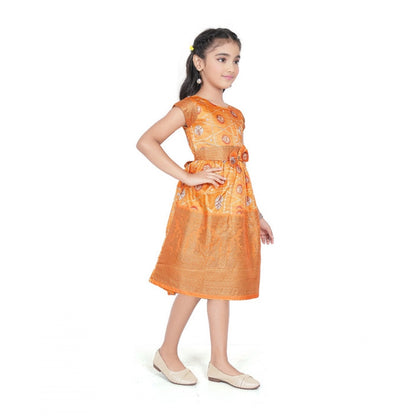 Generic Girl's Brocket Silk Printed Short Sleeve Round Neck Dress (Orange)