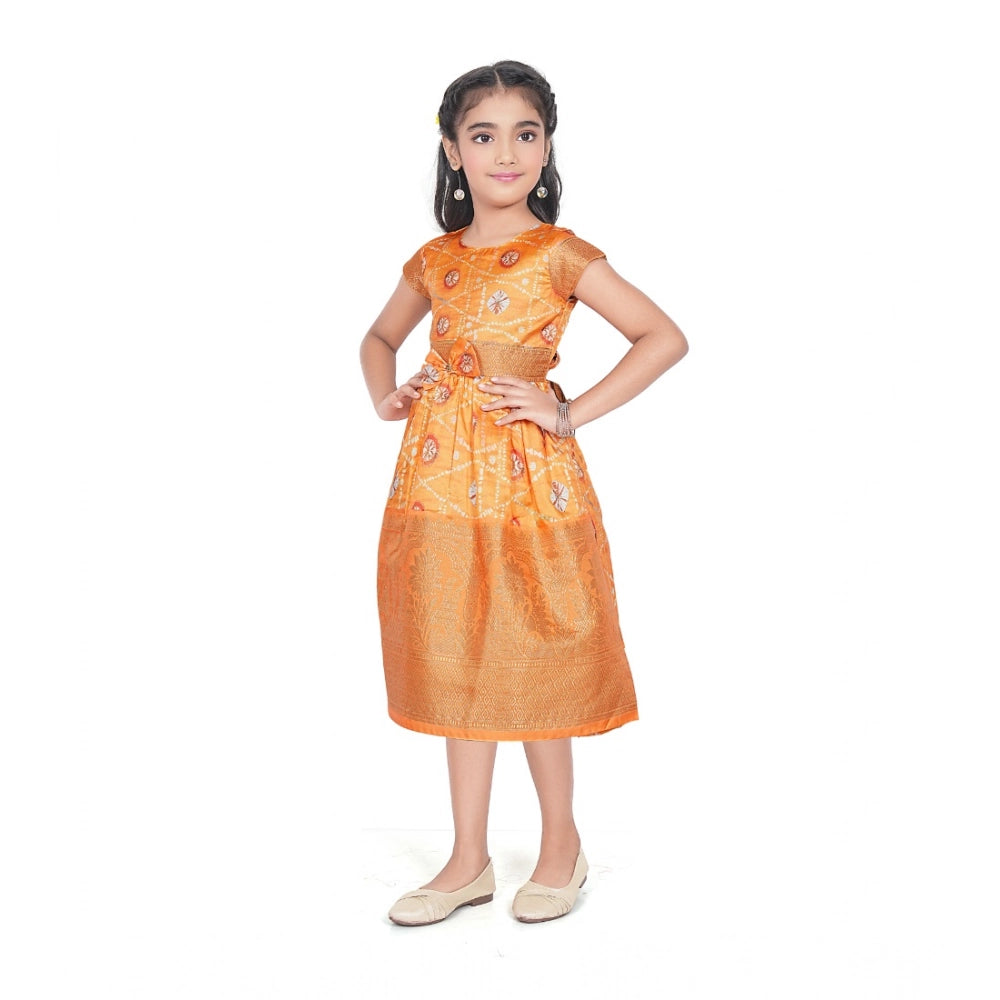 Generic Girl's Brocket Silk Printed Short Sleeve Round Neck Dress (Orange)