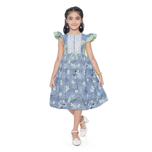 Generic Girl's Twill Printed Short Sleeve Round Neck Dress (Green)