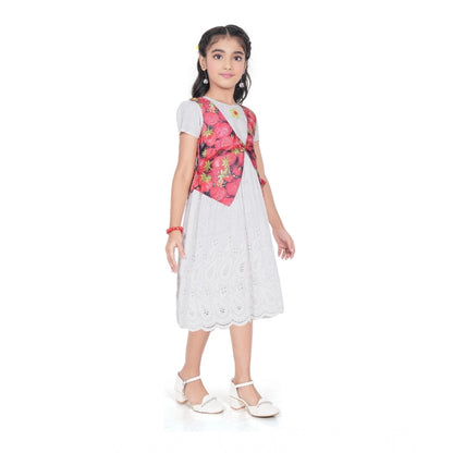 Generic Girl's Heavy Chicken Printed Short Sleeve Round Neck Dress (White)