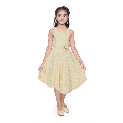 Generic Girl's Shiffon Chicken Printed Sleeve Less Round Neck Dress (Yellow)