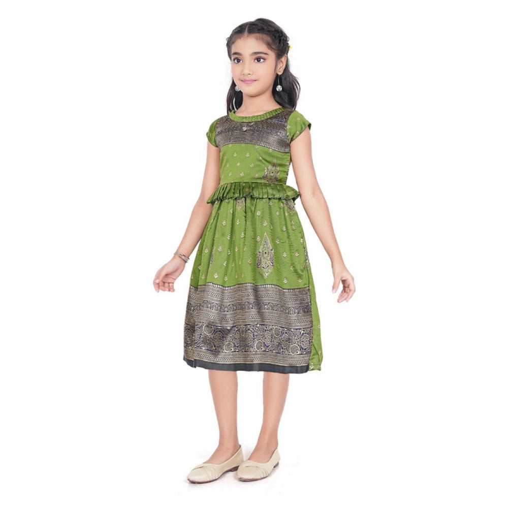 Generic Girl's Brocket Printed Short Sleeve Round Neck Dress (Green)