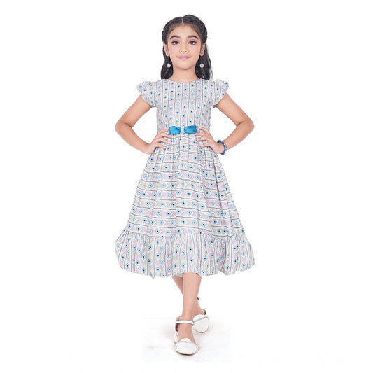 Generic Girl's Twill Printed Short Sleeve Round Neck Dress (Grey)