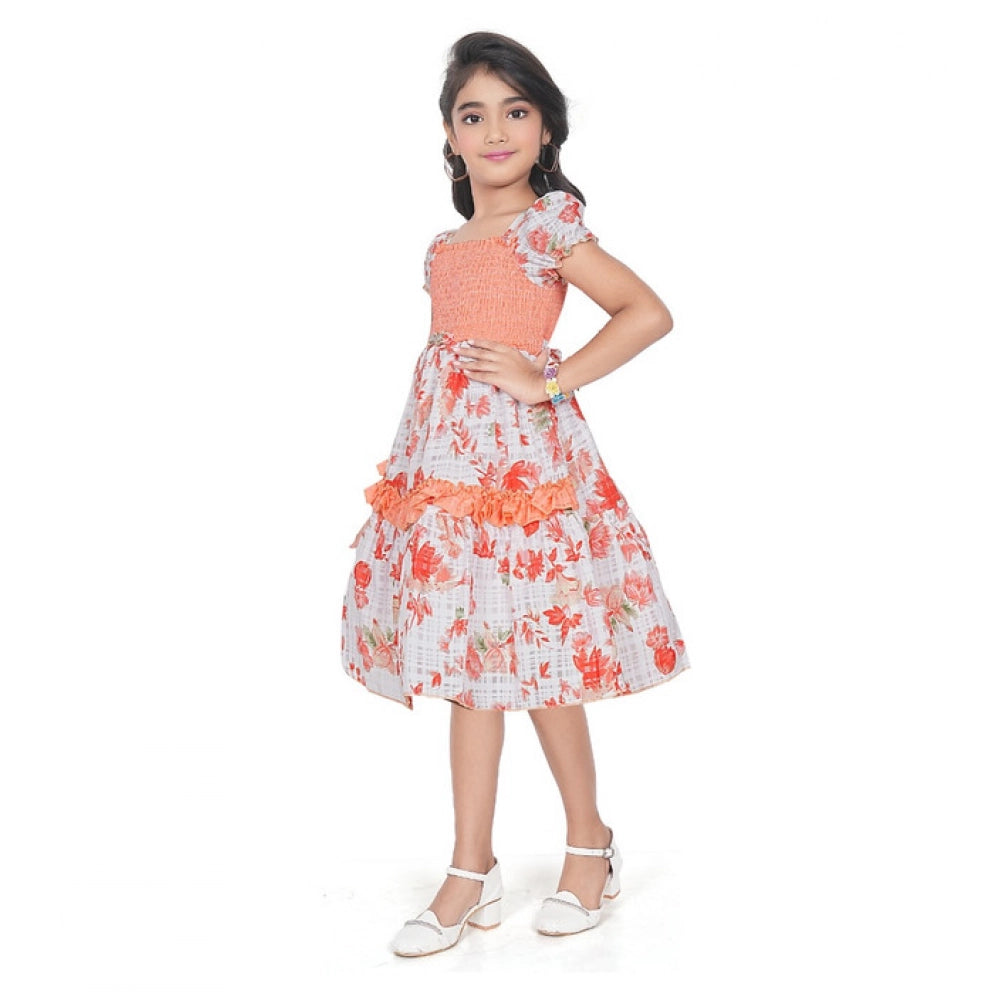 Generic Girl's Twill Printed Short Sleeve Squre Neck Dress (Red)
