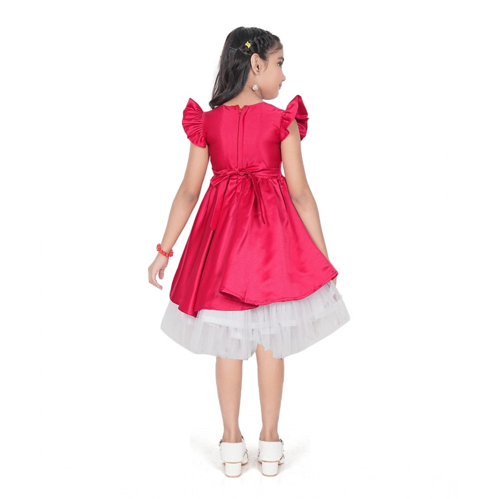 Generic Girl's Satin Soild Short Sleeve V Neck Dress (Pink)