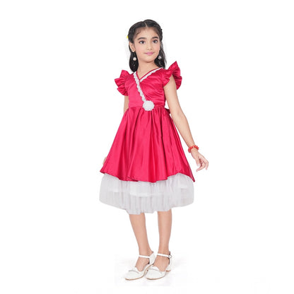 Generic Girl's Satin Soild Short Sleeve V Neck Dress (Pink)