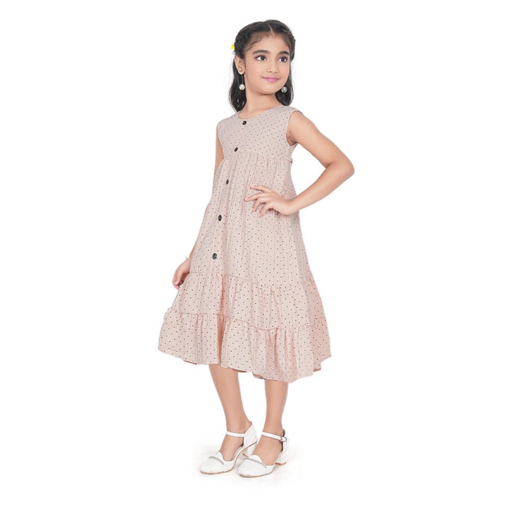 Generic Girl's Slub Printed Sleeve Less Round Neck Dress (Brown)