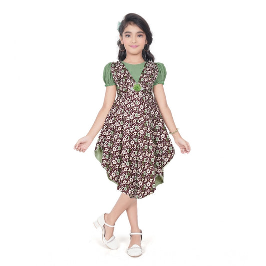 Generic Girl's Twill Printed Short Sleeve Round Neck Dress (Green)