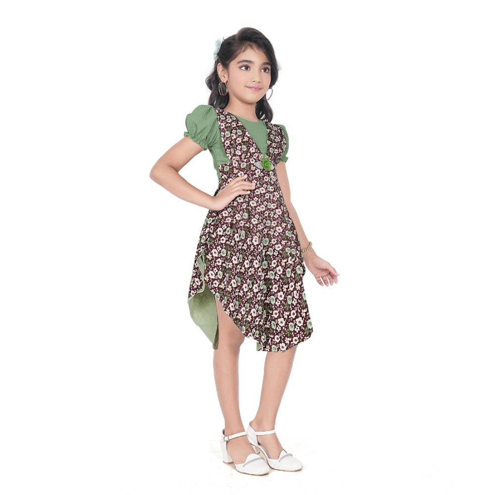 Generic Girl's Twill Printed Short Sleeve Round Neck Dress (Green)