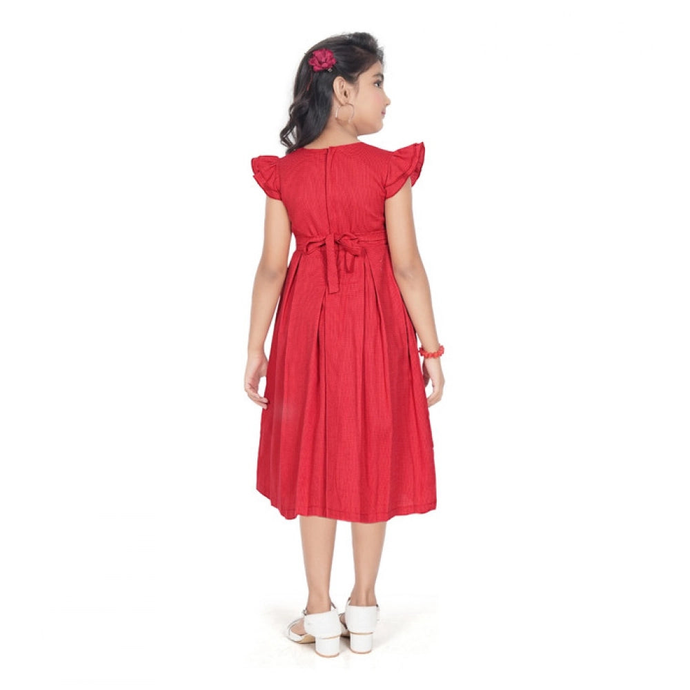 Generic Girl's Rayon Soild Short Sleeve Round Neck Dress (Red)